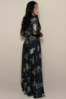 فستان سهرة أسود مشجر بعقدة خصر أنيقة