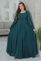 فستان شيفون بلمعة مع حزام كورسيه أنيق بلون زيتي