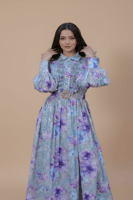 فستان ساتر مشجر بالورود بكشكش خفيف على الصدر - مور...