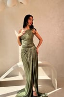 فستان ناعم زيتي بكسرات