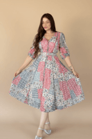 فستان ميدي بطبعات ملونه وحزام جلد