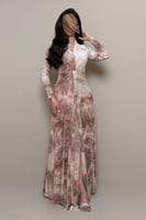 فستان سهرة وردي نود طويل بنقشة انيقة ناعمة