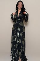 فستان سهرة أسود مشجر بعقدة خصر أنيقة