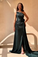 فستان سهرة أخضر غامق كت مزين بوردة على الخصر مع فت...