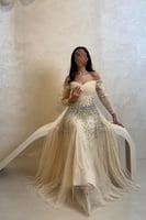 فستان بيج بتصميم تل مطرز وبأكمام شفافة فاخرة