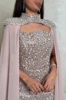 فستان فضي مطرّز بالكامل مع وشاح شيفون بلون لحمي