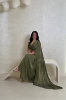 فستان زيتي غامق بكتف واحد وشيفون فاخر