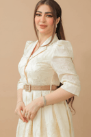 فستان كلاسيكي بيج غامق بحزام جلد فاخر