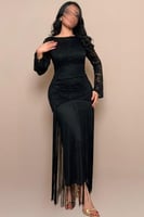 فستان سهرة أسود دانتيل بهدب أنيق