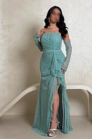 فستان سهرة تركوازي دانتيل كت بأكمام طويلة شفافة