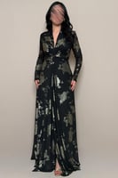 فستان سهرة أسود مشجر بعقدة خصر أنيقة