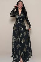 فستان سهرة أسود مشجر بعقدة خصر أنيقة