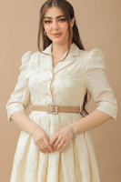 فستان كلاسيكي بيج غامق بحزام جلد فاخر