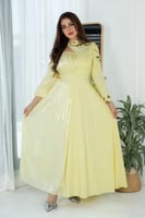 فستان طويل أصفر بفتحة خناقية وأكمام جرس – أناقة را...