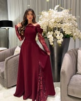 فستان سهرة برغندي و اكمام دانتيل