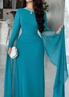 فستان زيتي شيفون بأكمام طويله