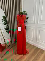 فستان سهرة أحمر ناعم شيفون مطوي جميل