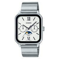 ساعة كاسيو بميناء ابيض وسوار فضي شبيه ابل رجالي MT...