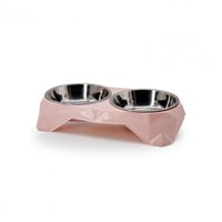 صحن اكل مزدوج اكل وماء بلاستيك مع ستيل وردي