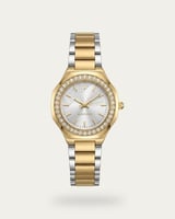 ساعة خاتون بتصميم كلاسيكي ونقش إغريقي لون فضي ذهبي