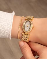 طقم زركون للإهداء ساعة واسوارة تنس تصميم ذهبي