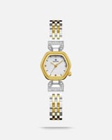 ساعة نسائية بسير شبكي لون ذهبي فضي مينا أبيض