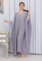 جلابية نسائية صيفية فخمة بلون رمادي مزينة بشك يدوي...