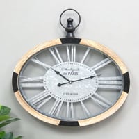 ساعة جدارية حديد اطار خشب تعمل بالبطارية