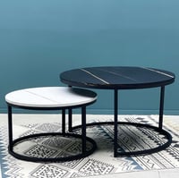 طقم طاولات مدورة حديد سطح اسود وابيض شكل رخامي 2 ق...