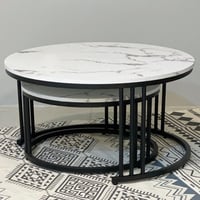 طقم طاولات مدورة حديد سطح خشب شكل رخامي 2 قطعة