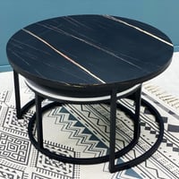 طقم طاولات مدورة حديد سطح اسود وابيض شكل رخامي 2 ق...