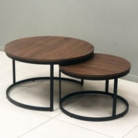 طقم طاولات حديد سطح خشب 2 قطعة