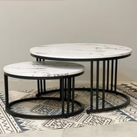 طقم طاولات مدورة حديد سطح خشب شكل رخامي 2 قطعة