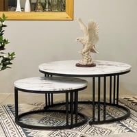 طقم طاولات مدورة حديد سطح خشب شكل رخامي 2 قطعة