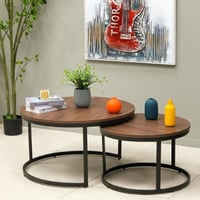 طقم طاولات حديد سطح خشب 2 قطعة