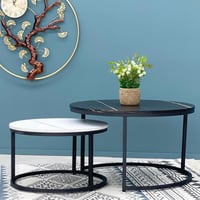 طقم طاولات مدورة حديد سطح اسود وابيض شكل رخامي 2 ق...