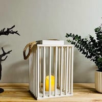 فانوس كبير خشب ابيض ريفي وحامل شموع مع زجاجة للشمع...