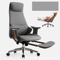 كرسي عالي الظهر مع مسند للقدمين بلون رمادي- جلد