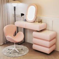 Decorating table with a length of 100 cm pink mirror makeup with LED lighting cabinet with three drawers decorating chair