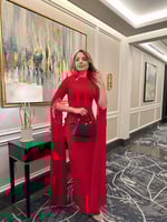 فستان كريب أحمر بتصميم اكمام كيب مزين باللولو