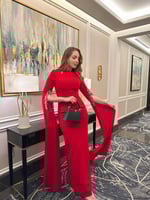 فستان كريب أحمر بتصميم اكمام كيب مزين باللولو