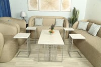 طقم طاوله حديد ليزر سطح خشب شكل ماركه