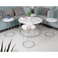 طقم طاولات تقديم وخدمة لون فضي 5 قطع السطح خشب بشك...