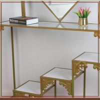 طاولة مدخل لون حديد شكل درج ومراية وسطح زجاج شفاف