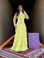 فستان جورجت بكلفه بالصدر والاكمام