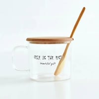 كوب زجاجي بعبارات جميلة ، مع غطاء وملعقة من الخشب