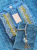 شرشف صلاة لف أزرق فيروزي مزين بأويا اليدوي فوشي