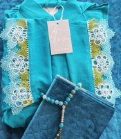 شرشف صلاة لف أزرق فيروزي مزين اويا يدوي أخضر وفيرو...