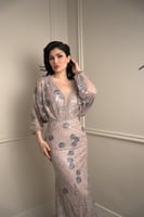 فستان سهرة 7227 وردي فاتح مطرز بالخرز باللون الرصا...