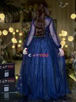 فستان سهرة 3151 كحلي مطرز بأناقة مع أكمام تول شفاف...